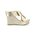 thumbnail image 3 of BLISSFUL STEP Women's Linen Platform Slide Wedge Open Toe Sandals Gold Tone 6, 3 of 8