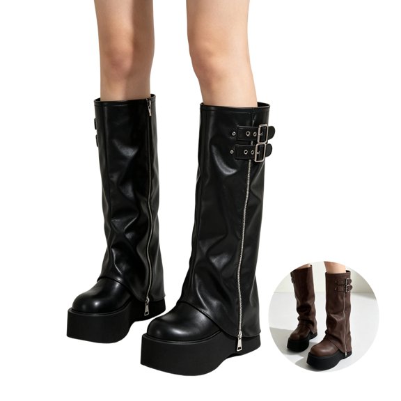 Willtoo Womens Over Knee High Platform Boots Buckle Decor Side Zipper Tall Boots Fashion Thick Sole Pull On Walking Shoes