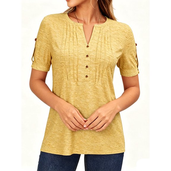 Short Sleeve V-neck Women Button Henley Blouse Tops Summer Pleated Casual Blouse Shirt