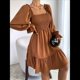 thumbnail image 4 of Vestido Mini de Fiesta Fluido con Escote Cuadrado, Larga, Volantes y Farol para Mujer Marrón S, 4 of 10