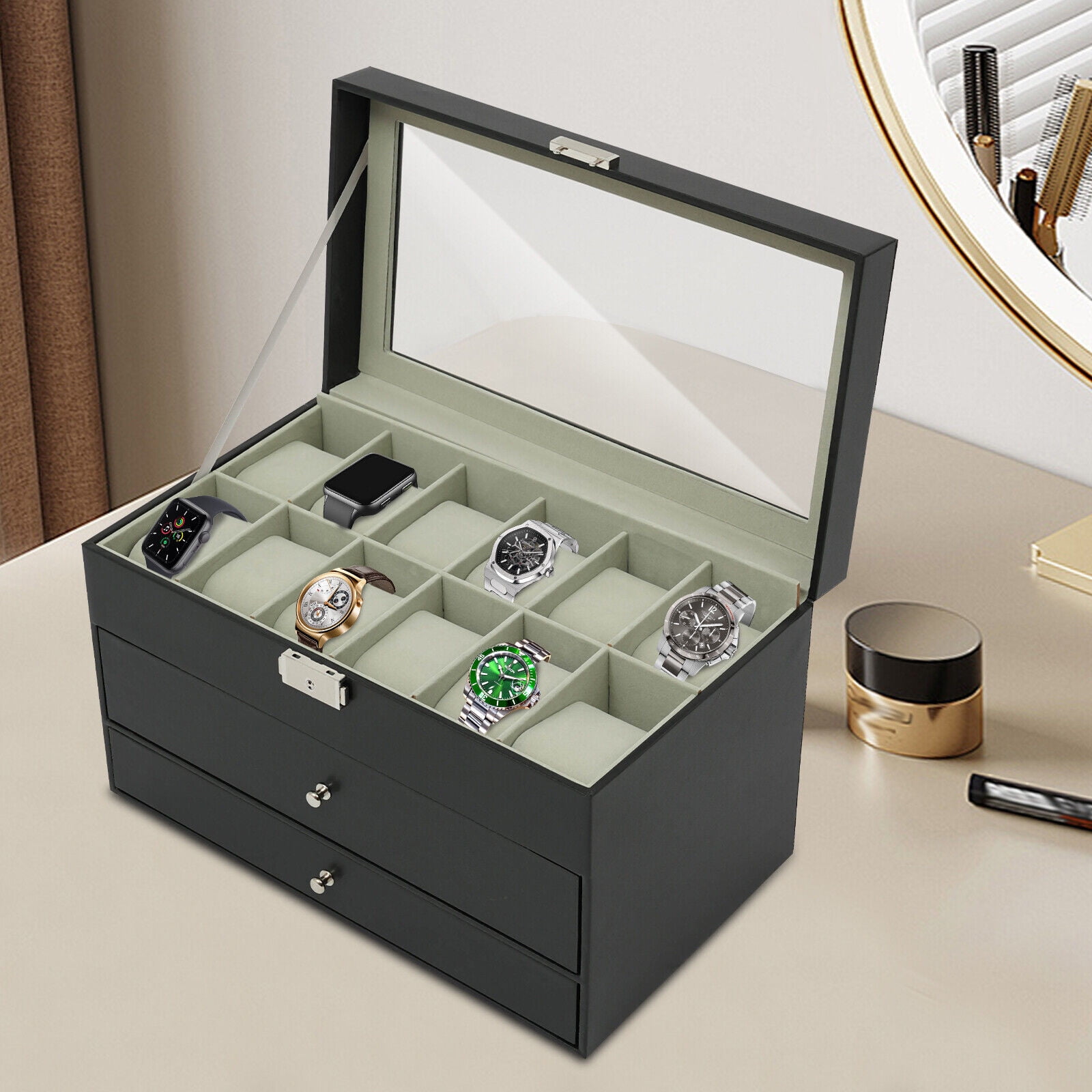 3-Tier Jewelry Organizer Box - Premium Density Board Watch & Jewelry Storage Case with Adjustable Compartments for Rings, Necklaces, Earrings - Stylish Display & Travel-Friendly Design