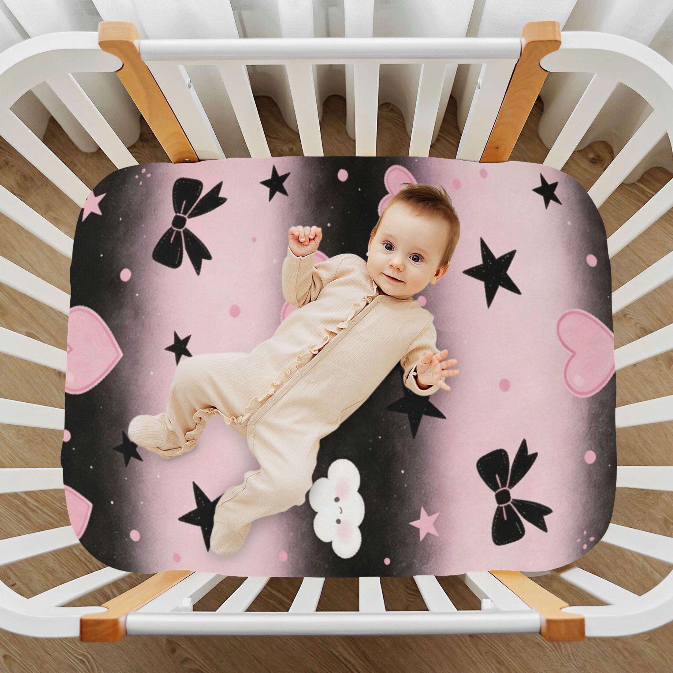 Baby Essentials 52”x 28”- Standard Cotton-like Modal Elastic- Belt Bow Illustration Design Crib Sheets for Newborns and Toddlers