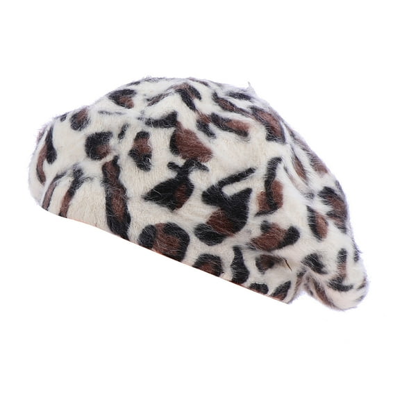 LEORX 1Pc Female Beret Hat White Soft Comfortable Warm Beanie with Leopard Printing Design