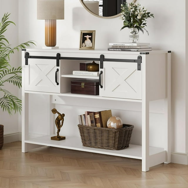 RoyalCraft Console d'Entrée Style Ferme en Bois avec Étagères de Rangement, Blanc