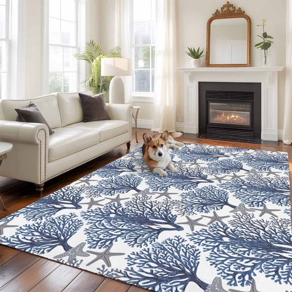 6'x9' Area Rugs, Navy Blue Coral Coastal Indoor Outdoor Area Rug for Living Room Bedroom, Summer Beach Starfish Nautical Washable Bathroom Rugs Kitchen Floor Carpet Mats Home Decor Aesthetic