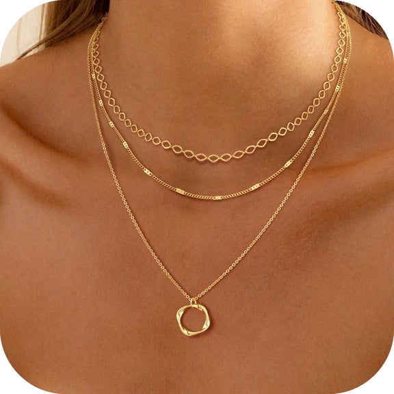 GOSFRY 14K Gold Plated Layered Necklace Set for Women Dainty Paperclip Chain Stackable Circle Pendant Perfect Jewelry Gifts
