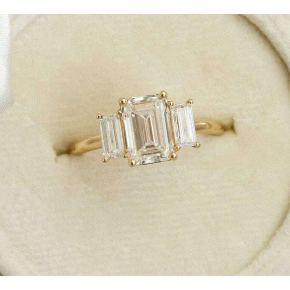 vylahjewellery 3 Stone Diamond Ring - Plated Rose Gold Ring - 2.5Ct Emerald Moissanite - Engagement Anniversary Ring - Promise Ring for Her