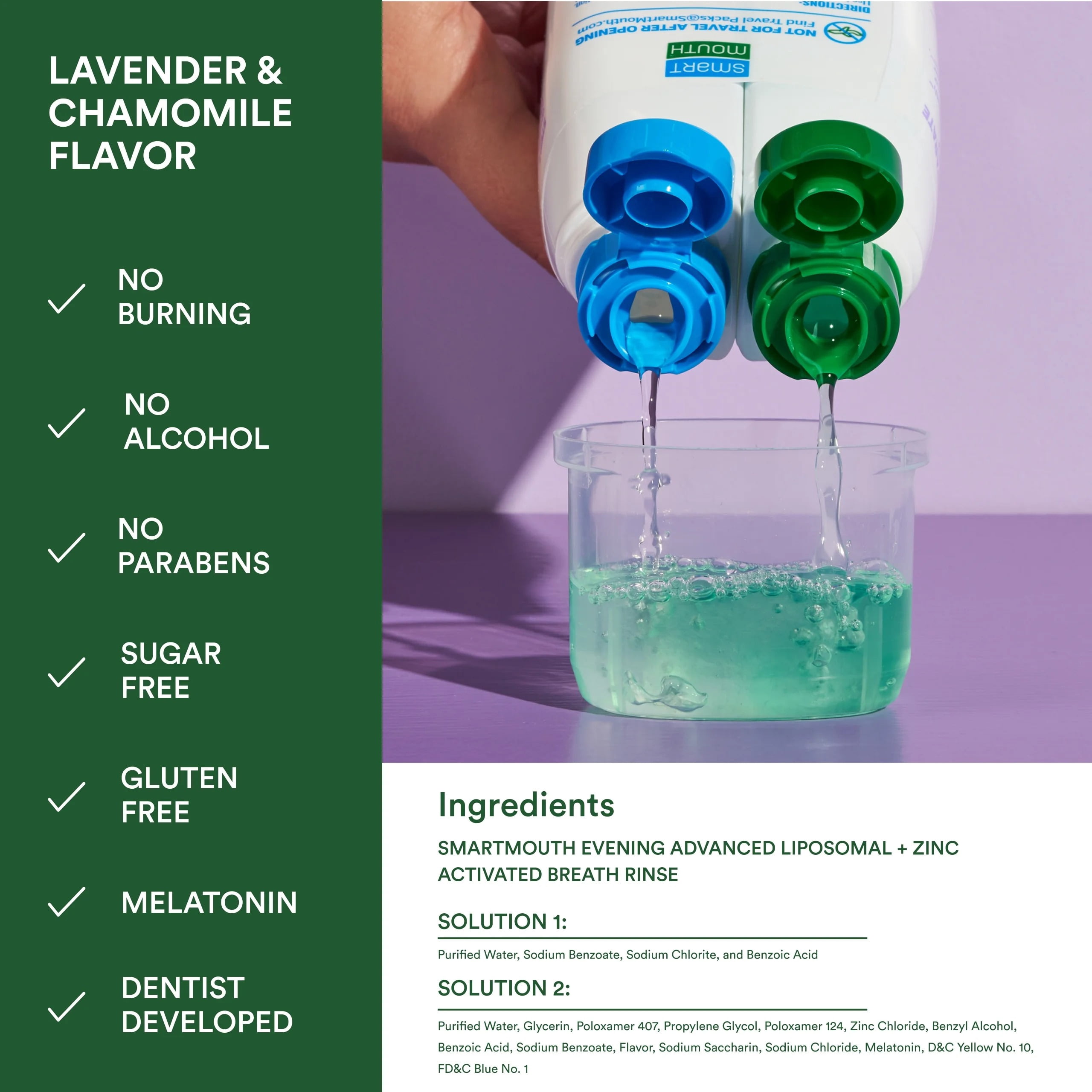 SmartMouth Advanced Liposomal Evening Mouthwash - No Morning Breath - Melatonin & Zinc - Dual-Solution Zinc-Activated Nighttime Mouthwash - Lavender & Chamomile - Alcohol Free - 16 fl oz, 3-Pack