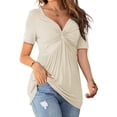 thumbnail image 3 of Short Sleeved Women Solid Color V-neck T-shirt Summer Slim Fit Knotted Tunic Tops, 3 of 4