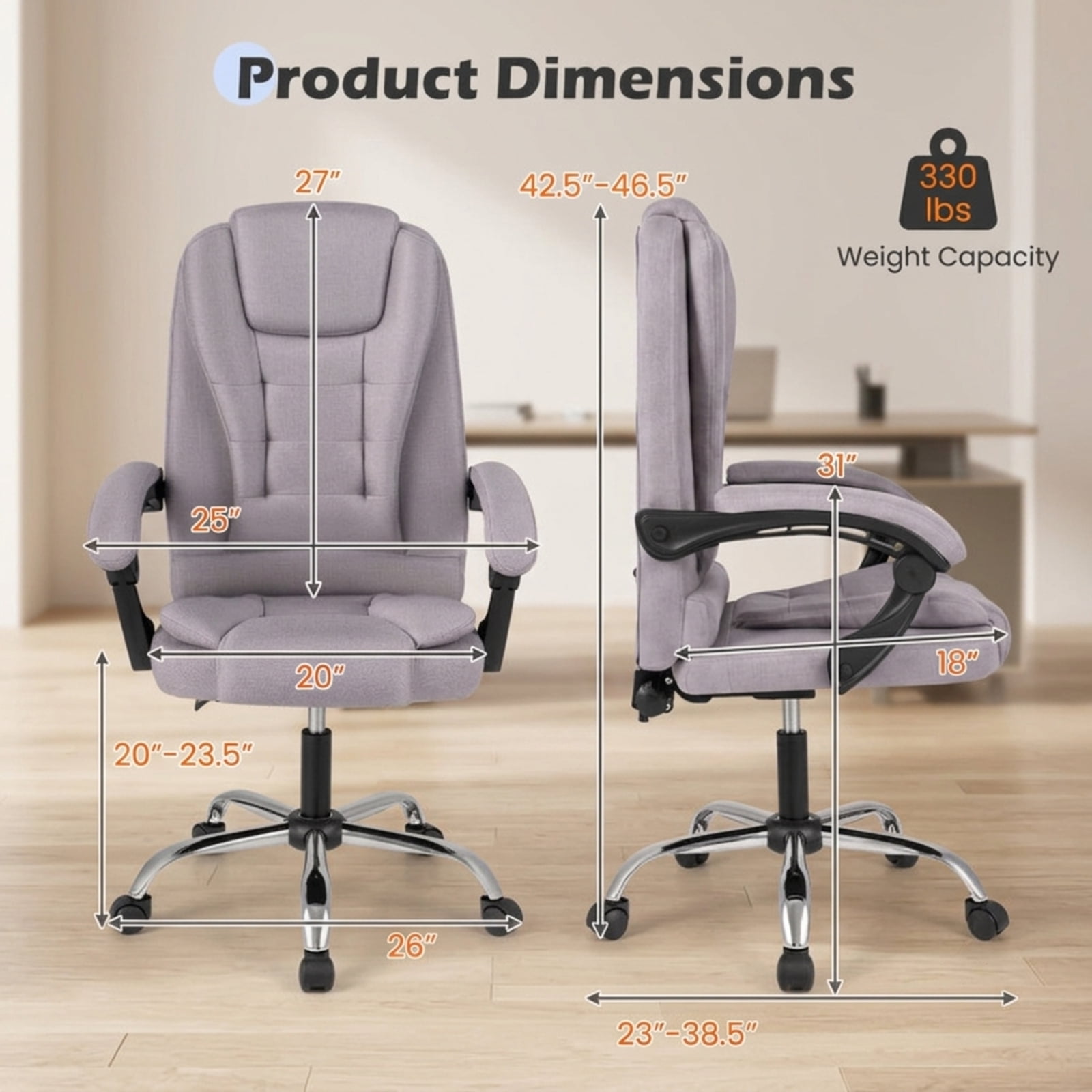 Furnibear High Back Executive Office Chair with Linkage Armrests Adjustable Recline Linen Fabric Seat and Swivel Five Point Base for Home Office, Gray
