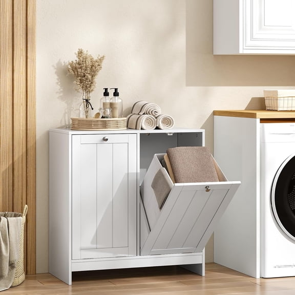 Tilted Laundry Hamper with Removable Basket, Hidden Laundry Hamper, Bathroom Laundry Hamper Storage Cabinet, Free-Standing Home Organizer, White
