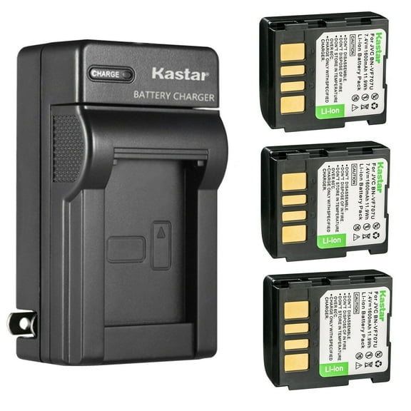 Kastar 3-Pack BN-VF707U Battery and AC Wall Charger Replacement for JVC GR-D271 GR-D271U GR-D271US GR-D272 GR-D272US GR-D273 GR-D273AG GR-D273US GR-D275 GR-D275U GR-D275US GR-D280 GR-D280EX GR-D280US
