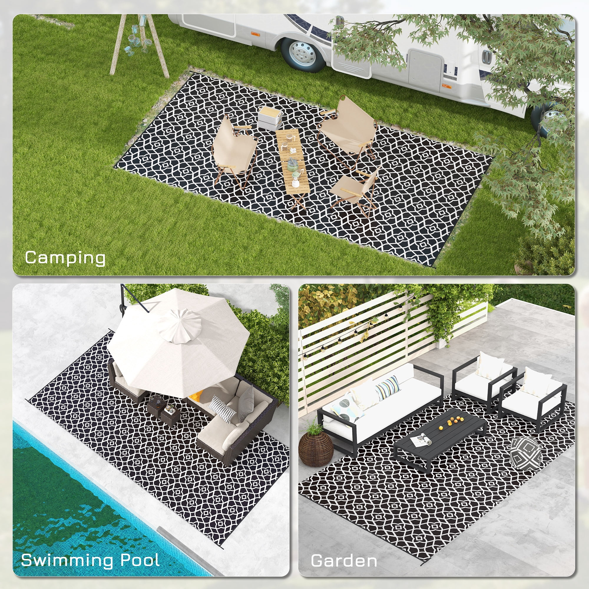 Outsunny RV Mat, Outdoor Patio Rug / Large Camping Carpet with Carrying Bag, 9' x 18', Waterproof Plastic Straw, Reversible, Black & White Clover