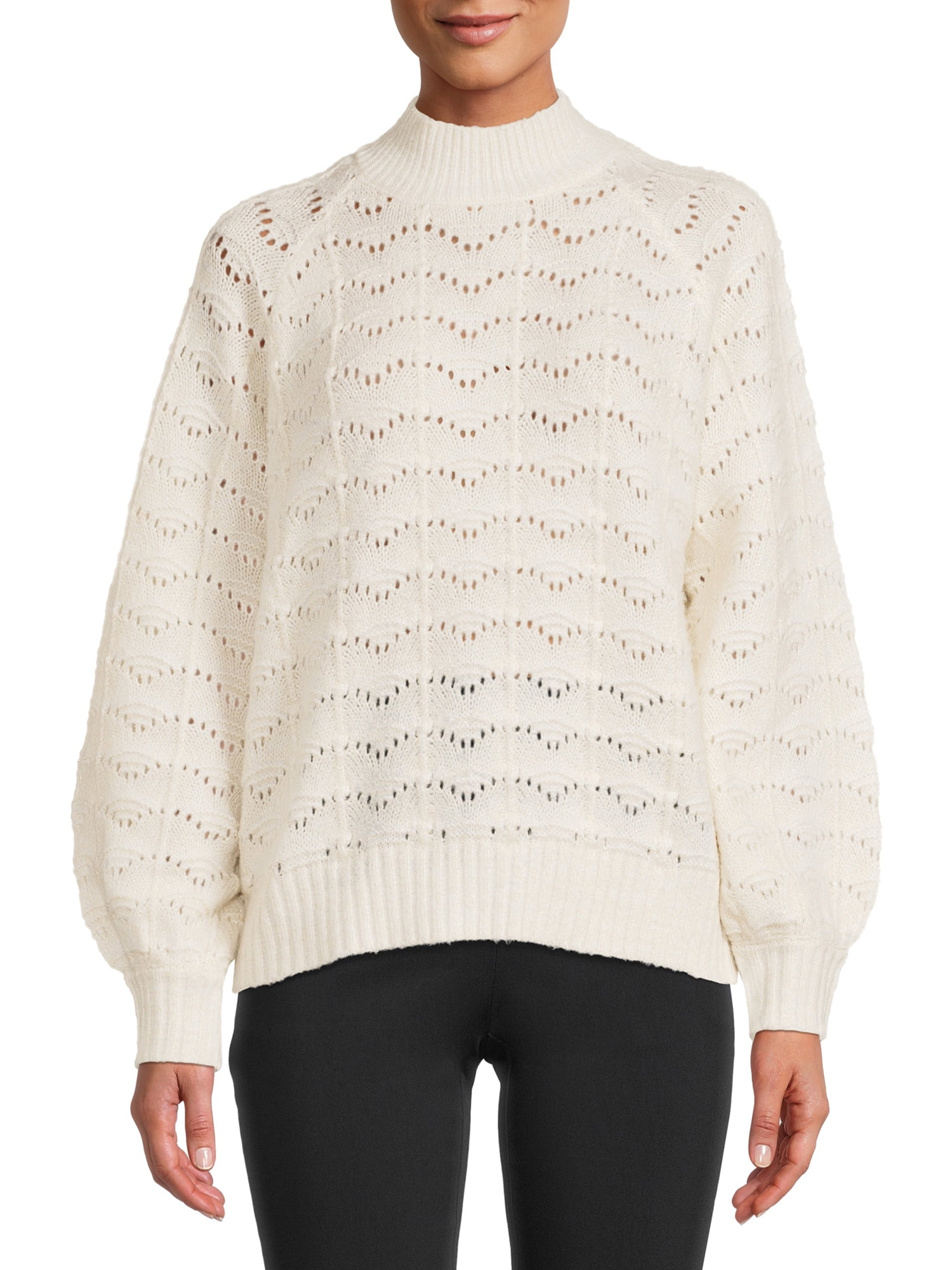 Time and Tru Women's Pointelle Lurex Crew Neck Sweater