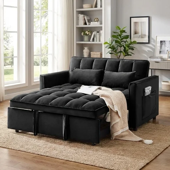 Xiweot 3 in 1 Convertible Sleeper Sofa Bed, 55" Pull Out Couch with Side Pockets, Velvet Loveseat Sofa with Adjustable Backrest for Living Room Bedroom Apartment (Black)