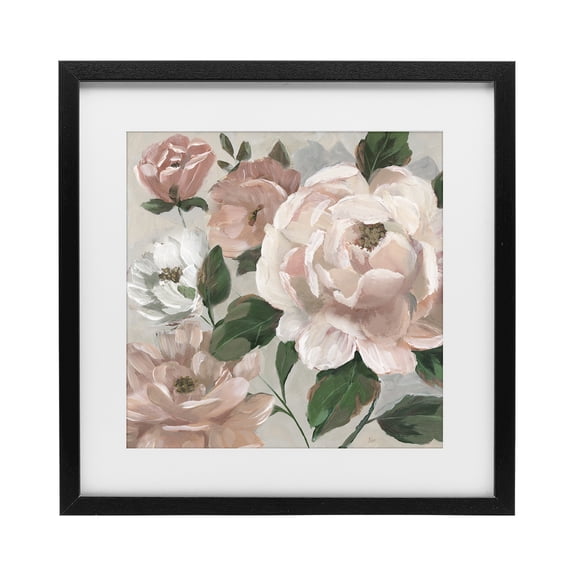 Stupell Industries Delicate Blush Peonies with Leaves Black Framed Print Under Glass, design by Nan