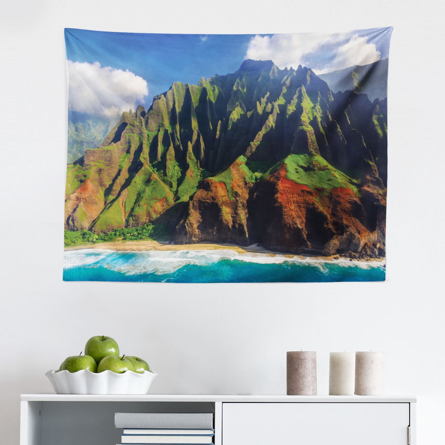 Hawaiian Tapestry, Word Hawaii Tropical Island Photo Exotic Popular Places Palm Forest by Ocean 