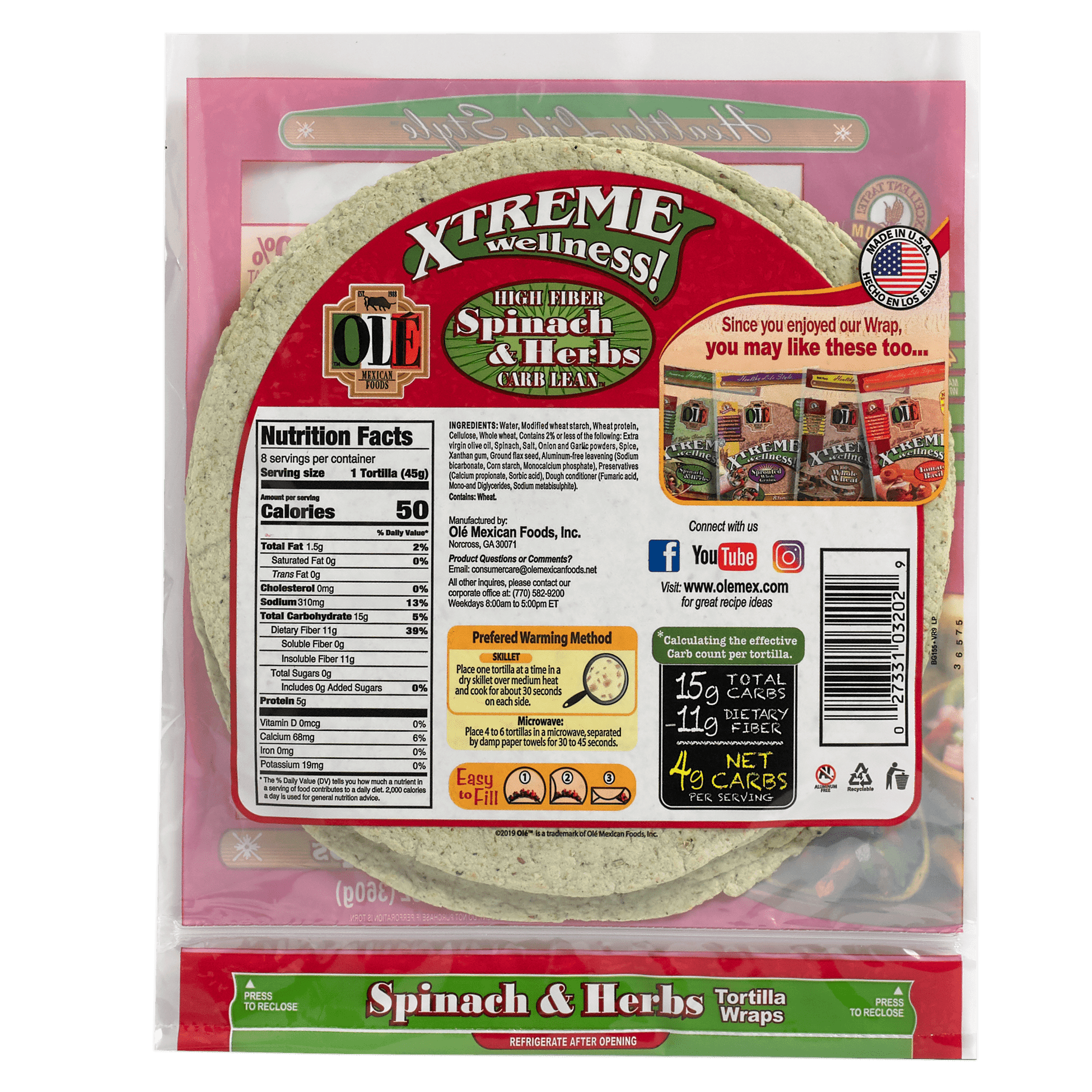 Ole Xtreme Wellness™ 8" Spinach & Herbs Tortilla Wraps - Carb Lean, Keto Friendly - 8 Count, 12.7 oz. - 6 Packs - Low Carb Tortillas