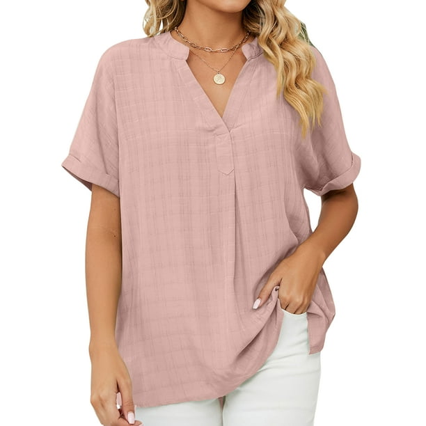 MAWCLOS Ladies T-shirt Plus Size Tops V Neck Tunic Loose Holiday Short  Sleeve Blouse White XL