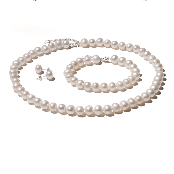 YAMI 7.5-8mm White Freshwater Pearl Jewelry Set, 925 Sterling Silver Necklace, Earrings and Bracelet, Adjustable 18 2 Inch Gift for Women
