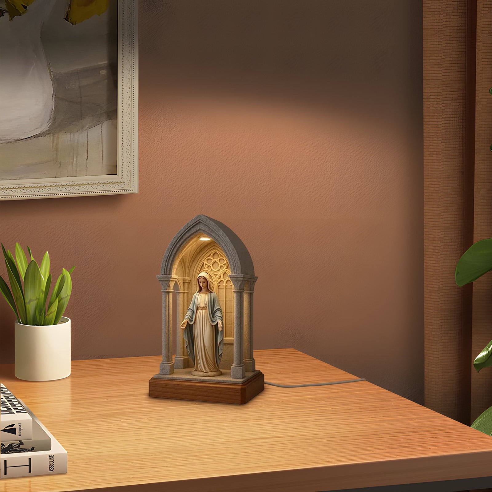 Virgin Mary LED Devotional Table Lamp, Handmade Virgin Mary Catholic Decor Table Lamp, Soft Eye Protecting Elegant Sacred Virgins Marys Statue Night Light for Bedroom Living Room