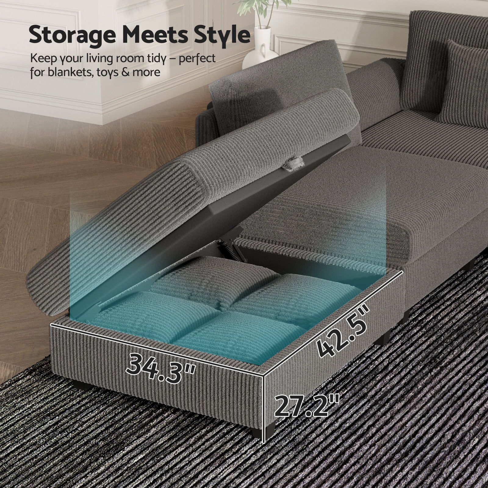 Advwin Oversized Modular Sectional Sofa with Storage Ottoman & 5 Pillows, Modern L-Shaped 6-Seater Corduroy Cloud Couch, Convertible Sleeper Sofa for Living Room, Dark Gray