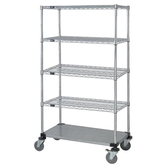 Quantum Storage M2460CG47-5 Chrome Wire Shelving 3-Wire Shelf and 1-Solid Shelf Stem Caster Cart - 74 in.
