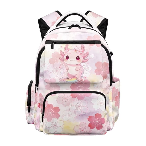 Bulopur Axolotl Kids Backpack for Girl Cute Cherry Blossom School Bag Lightweight/Breathable/Durable/Waterproof Multi-Pocket Book Bag for Kids 6-12 Back to School