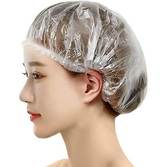 Shower Caps Disposable, 100 PCS, Bath Cap Large Waterproof and Thick Elastic, Plastic Clear Shower Cap（21inches）