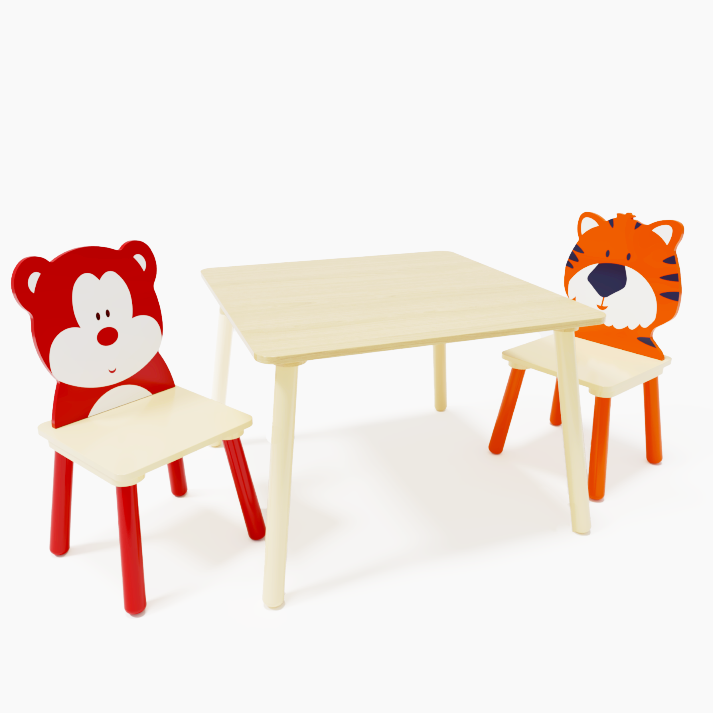 3 Pieces Kids Table and Chair Set, Kids Wood Table with 2 Chairs Set Cartoon Animals (Bear&Tiger) 91668