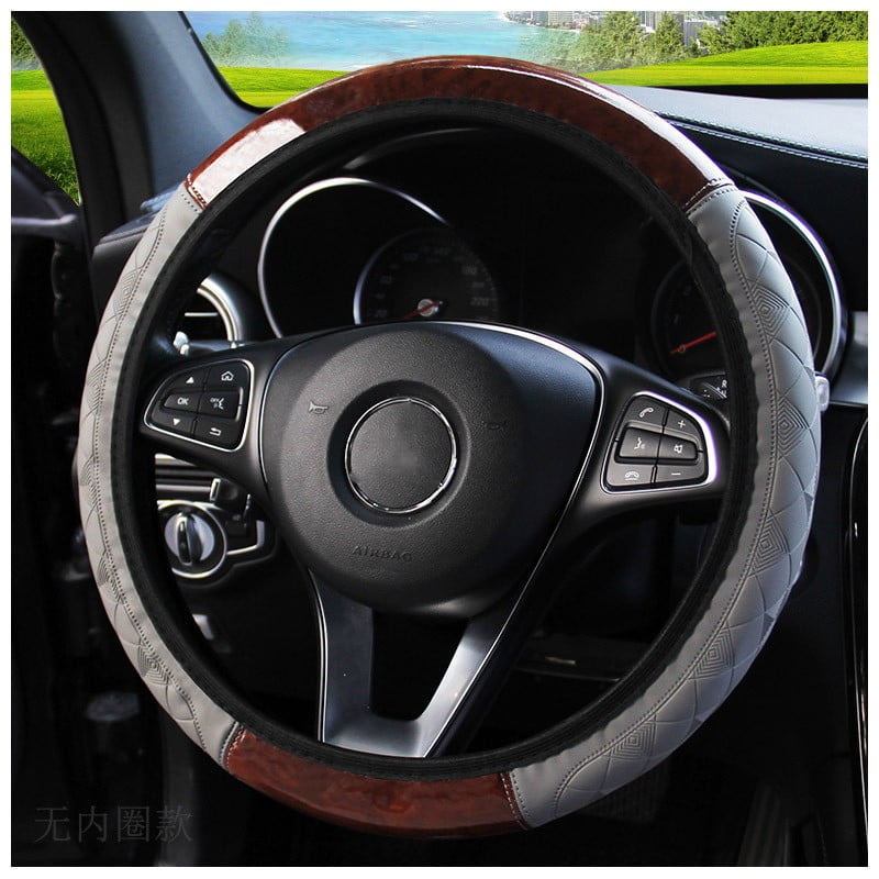 Auto Car steering Wheel Cover 15 in/38 cm Premium Soft Leather Black Wood Grain