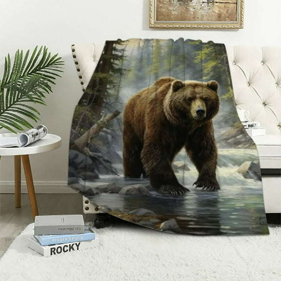 BCIIG Brown Bear in Misty Forest Flannel Blanket,Realistic Wildlife Soft Lightweight Throw Blankets Gifts for Women Nature Lovers, Perfect for Couch Bed Home Travel Decor 40x50in