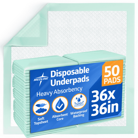 Medline Disposable Adult Bed Pads for Incontinence, Furniture, or Pets, XL, Moderate Absorbency, 36 x 36in, 50 Count