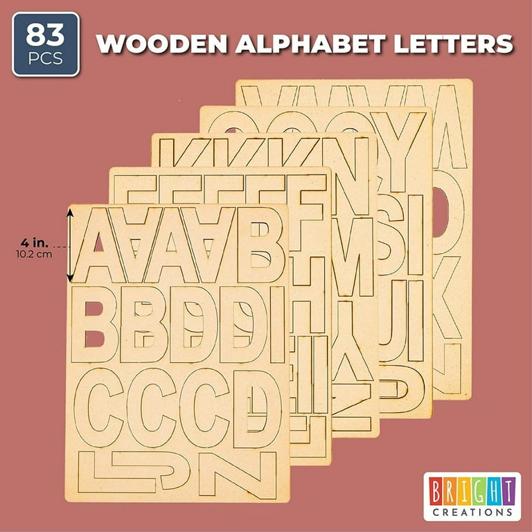 Bright Creations 83 Piece Wooden Letters for Crafts, 4-Inch Alphabet Cutouts for DIY Painting, Crafts, Wall Decorations