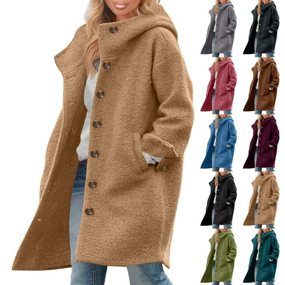 Women's Winter Single Breasted Long Coat with Hooded Casual Trench Coat Jacket Trendy PeaCoat Coffee 2XL