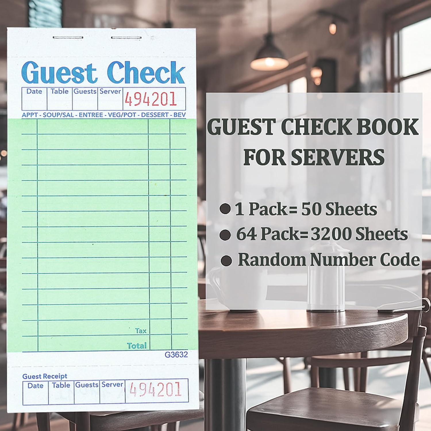 Guest Checks Server Note Pads 64 Pack 3200 Orders, Green Guest Check Pads with Bottom Receipt, Waitress Notepad for Restaurant Business