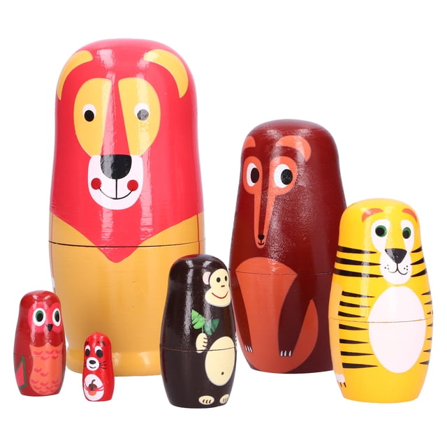 Juego de 6 muñecas rusas de madera con dibujos de animales, adorno para festivales infantiles