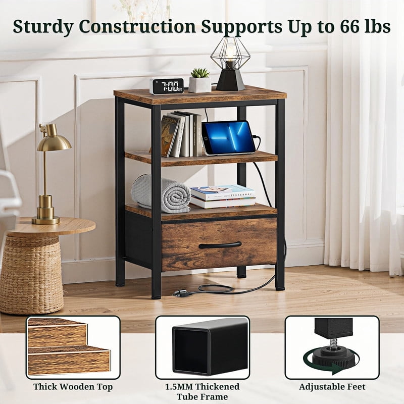 Kelno 2PCS Nightstand with Fabric Drawer Charging Station USB TypeC Outlets Small Bedside Table with Adjustable Shelf, Rustic Brown