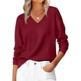 thumbnail image 2 of Women's Casual V-Neck Sweater Base Layer Knitted Long Sleeve Solid Color Top for Fall Winter Versatile Basics,Red,L, 2 of 7