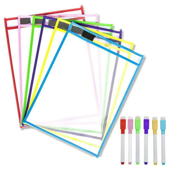 6 Pack Reusable Dry Erase Sleeves, Assorted Colors Sheet Protector