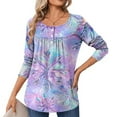 thumbnail image 2 of Bzhegqhd Women's Tees Abstract Print Ruffled Button Detail T-Shirt Long Sleeve Round Neck Pullover Blouse Loose Fit Bohemian Style Top Casual Chic Wear, 2 of 5