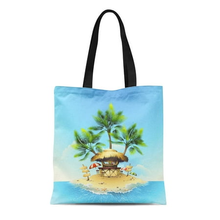 - KDAGR Canvas Tote Bag Yellow Beach Tropical Bungalow Bar on Island in Ocean Reusable Shoulder Grocery Shopping Bags Handbag