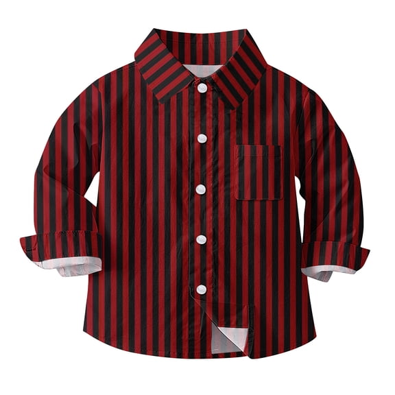 Baby Boy Dress Shirts Boys Striped Long Sleeve Collared Button Up Shirt with Chest Pocket School Uniform, 12-18 Months Wine 02
