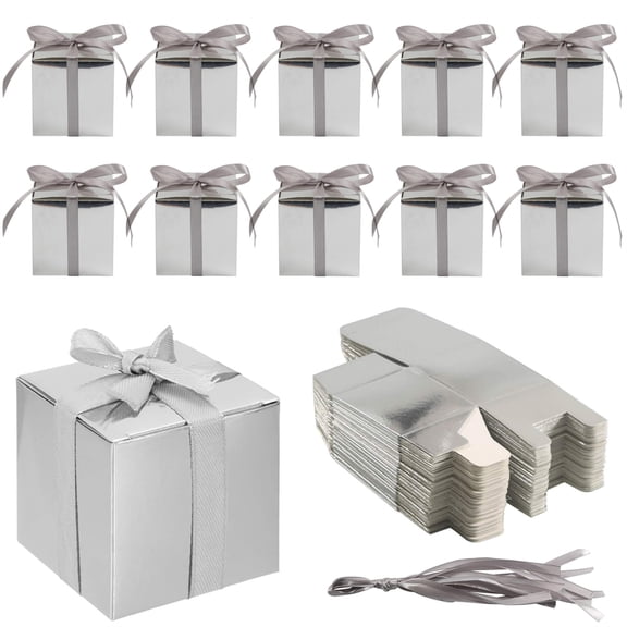 30 Pcs Silver Paper Favor Boxes Square Gift Bags with Ribbons DIY Craft Wrapping Present Boxes Chocolate Candy Small Item Containers for Wedding Home Decor Birthday Party Supplies By Scheam