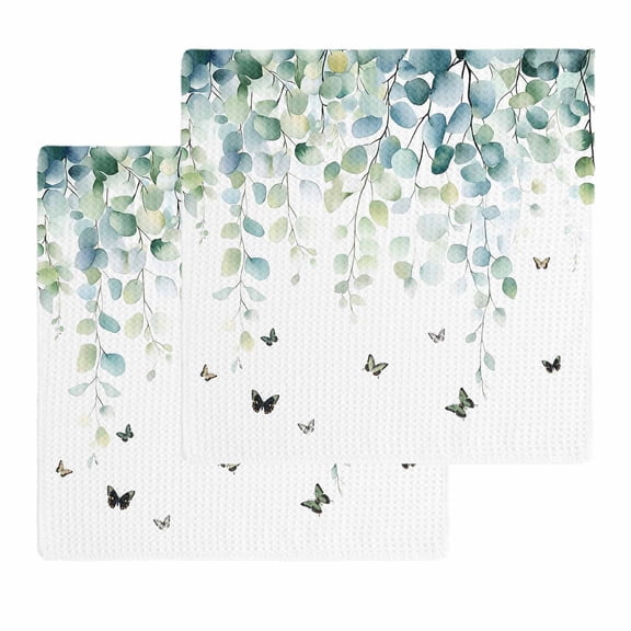 Blue Green Eucalyptus Dish Towels Set, Waffle Weave Kitchen Towels 2 Pieces, Sage Gradient Leaves Butterfly Microfiber Hair Face Bath Tea Towel Absorbent Quick Drying Cleaning Dish Cloths 12"x12"
