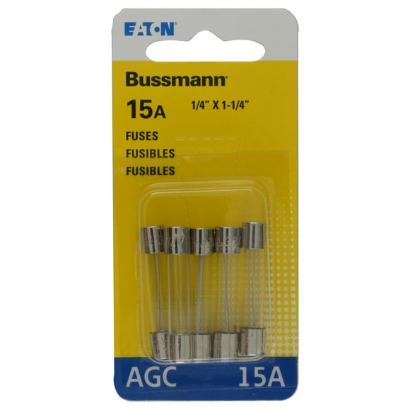 Bussman Fuse BP/AGC-15-RP Glass Tube; AGC; 15 Amp; 1/4 Inch x 1-1/4 Inch; Pack Of 5; With English/Spanish/French Language Blister Packaging