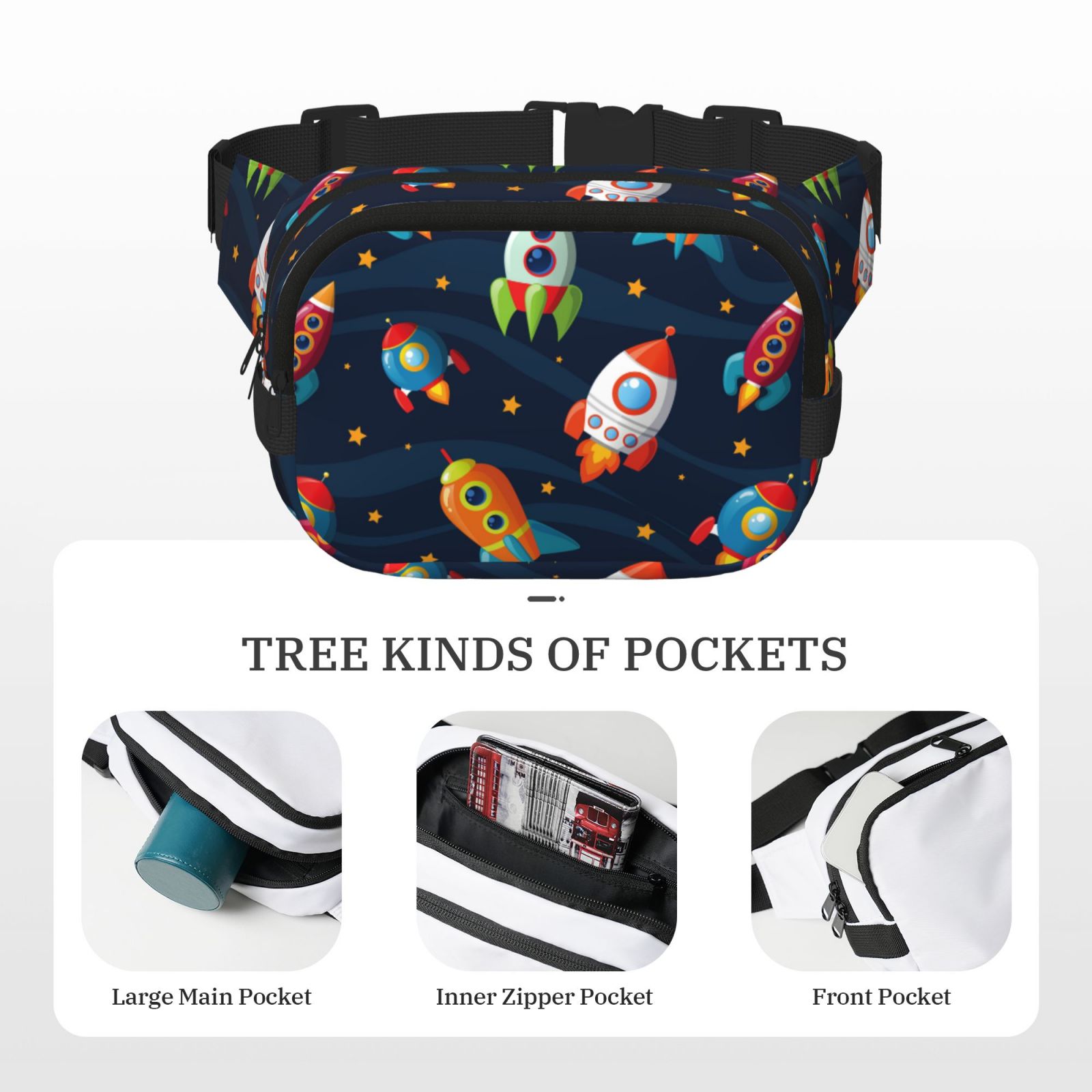 Picia Spaceships and Stars Print Square Double-Layer Waist Bag Mini Adjustable Waist Belt Bag Exercise Running Travel Hiking