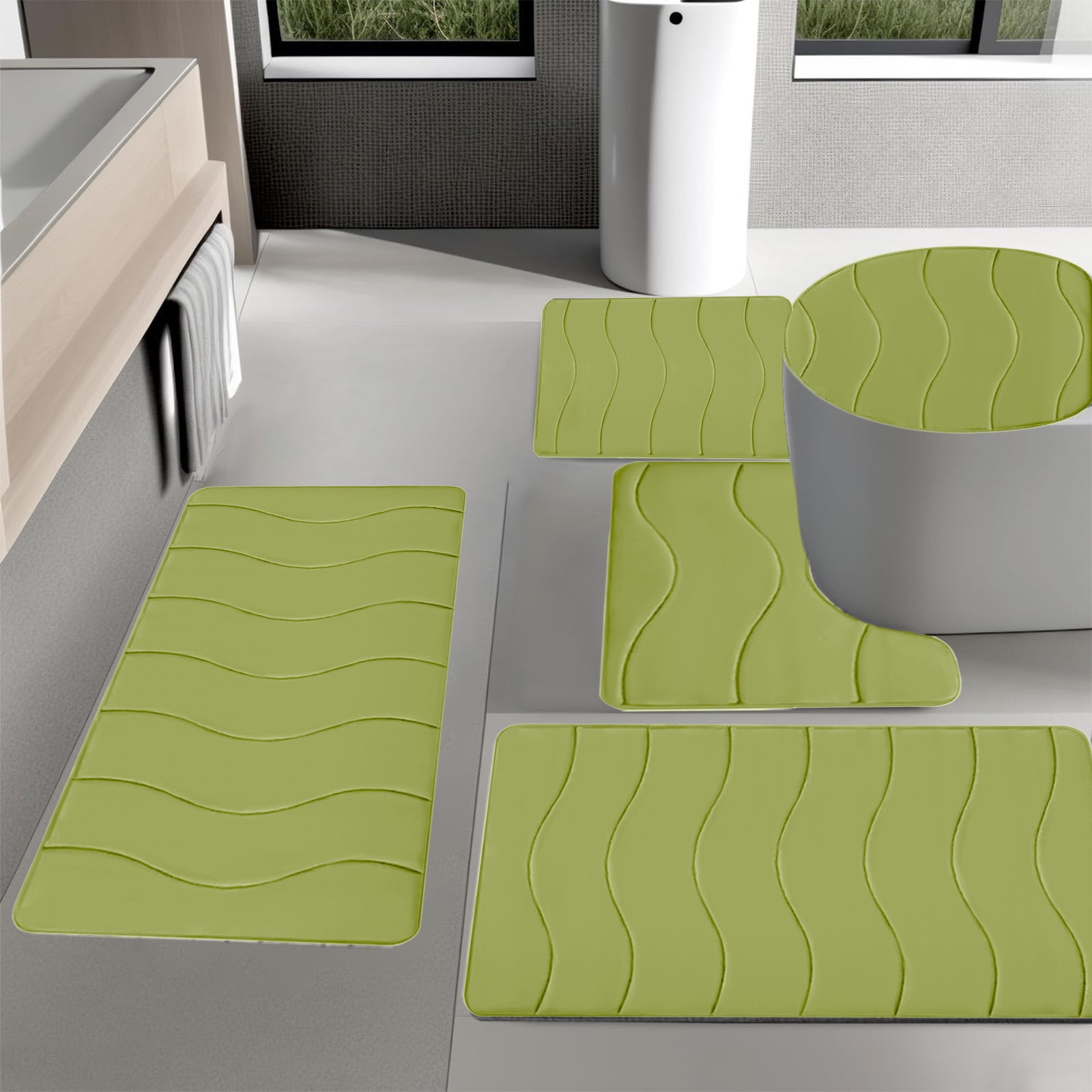 Outoloxit Bathroom Rugs Sets 3 Piece, Foam Bath Mat 5 Set Bathroom Rugs for 5 Pcs Toilet Mats Universal Soft Comfortable Water Absorption Non-Slip Thick Machine Washable Easier to Dry Dark