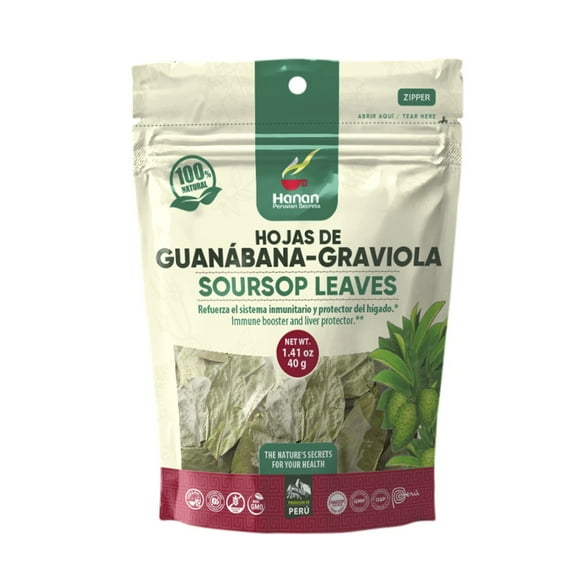 Hanan Peruvian Secrets Hojas De Guanabana-Graviola Herbal Tea | 100% Natural Soursop Leaves | 1.41oz / 40g | Naturally Aids in Supporting the Liver and Immune System - Single Pack