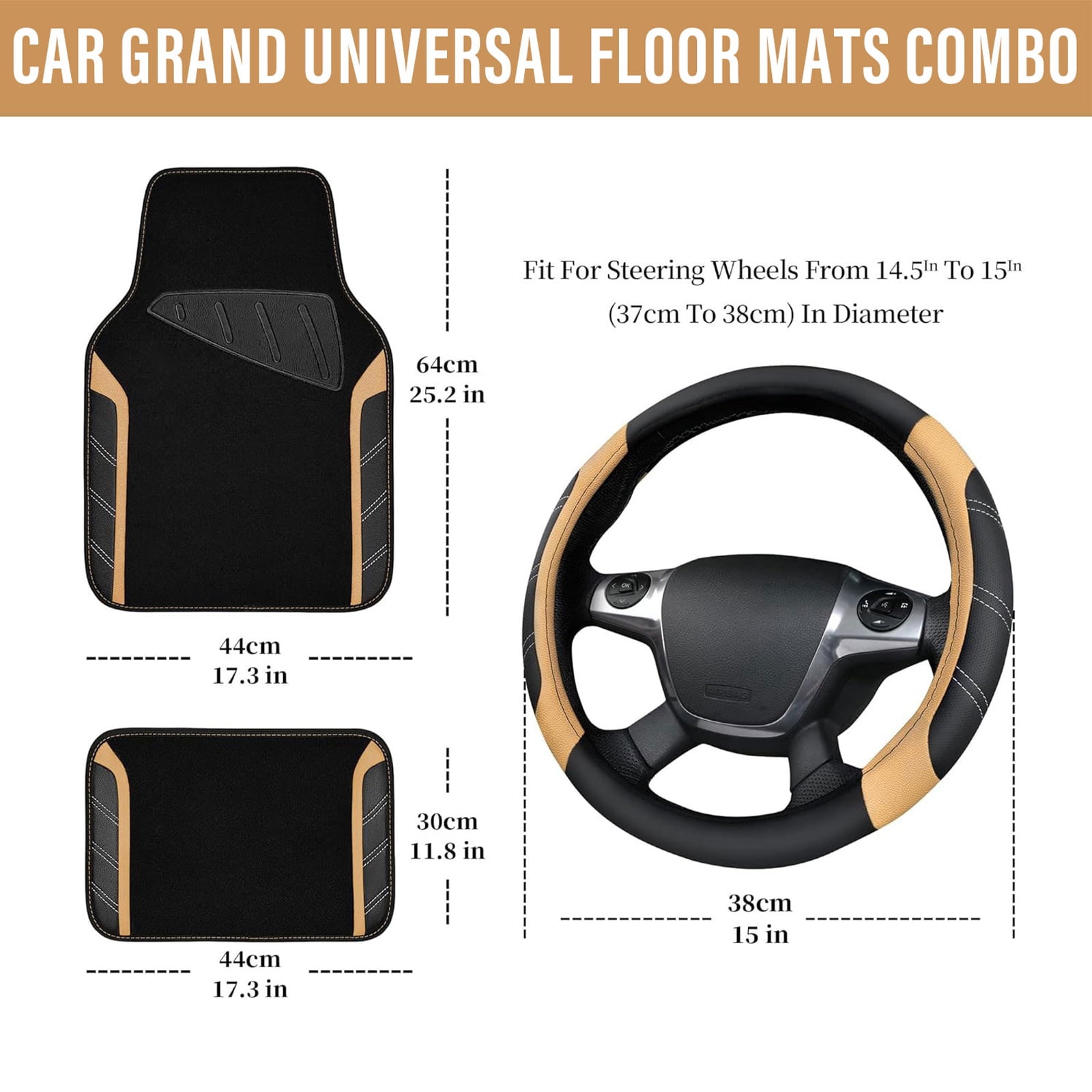 CAR GRAND Leather Steering Wheel Cover and Waterproof Carpet Car Floor Mats,Universal Fit Combo Pack Sedan,SUV,Cars, 14.5" to 15" Sporty Anti-Slip Beige